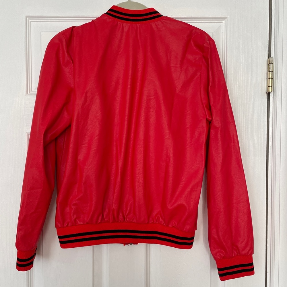 Red Bomber Jacket with Ruffle Detail - Picture 2 of 7